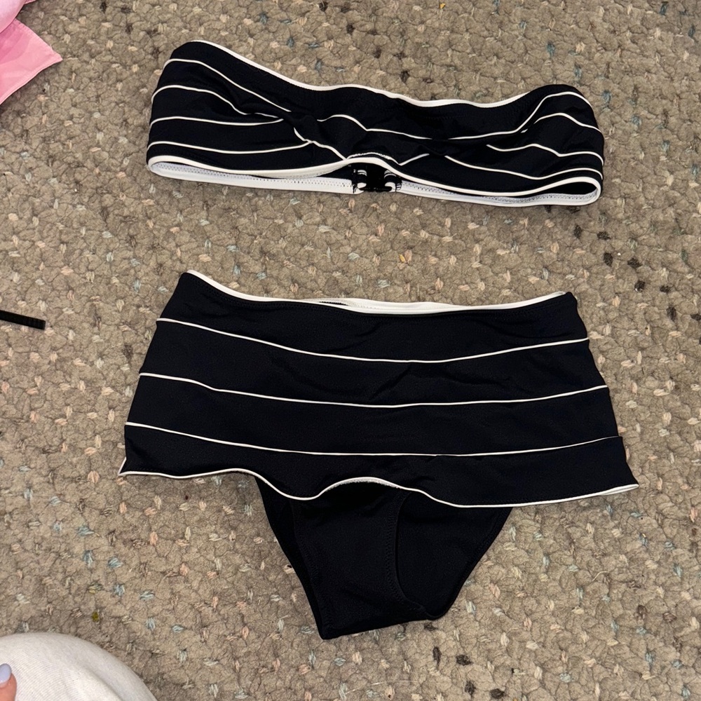 Striped Black Bandeau Bikini Top and High-Waist Skirted Bottoms